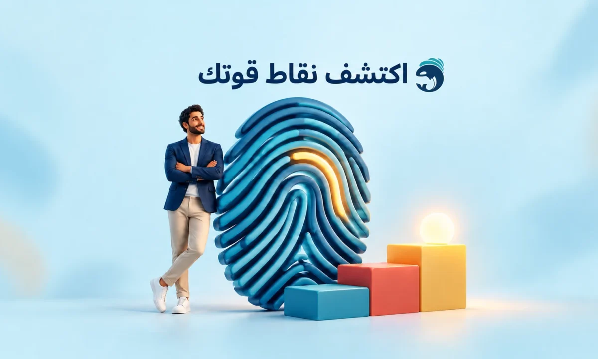 اكتشف نقاط قوتك: شخص بجوار بصمة ثلاثية الأبعاد ودرجات ترمز لتطوير الأداء المهني.