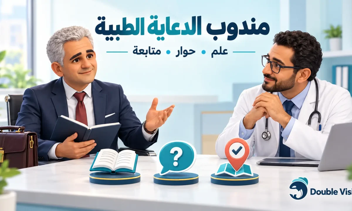 مندوب دعاية طبية يتحاور مع طبيب، وأمامهما رموز للمعرفة العلمية وطرح الأسئلة ومتابعة الزيارات.