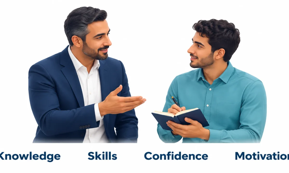 مدير مبيعات يوجّه مندوب دعاية طبية باحترافية، مع محاور المعرفة والمهارة والثقة والدافعية.
