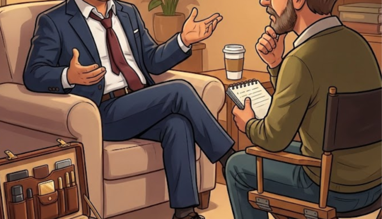 مندوب دعاية طبية مرهق يجلس في مساحة آمنة (غرفة المخرج) لمشاركة شكاوى الفيلد وضغوط التارجت بسرية، ضمن سلسلة حكايات لاءلووء للتدريب والدعم النفسي.