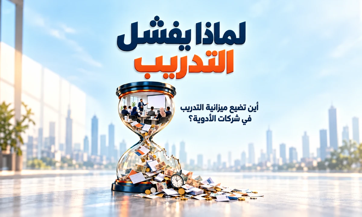 ساعة رملية مكسورة تتساقط منها الأموال لتمثيل إهدار ميزانية تدريب ميديكال ريب في شركات الأدوية بسبب فشل الكورسات التقليدية.