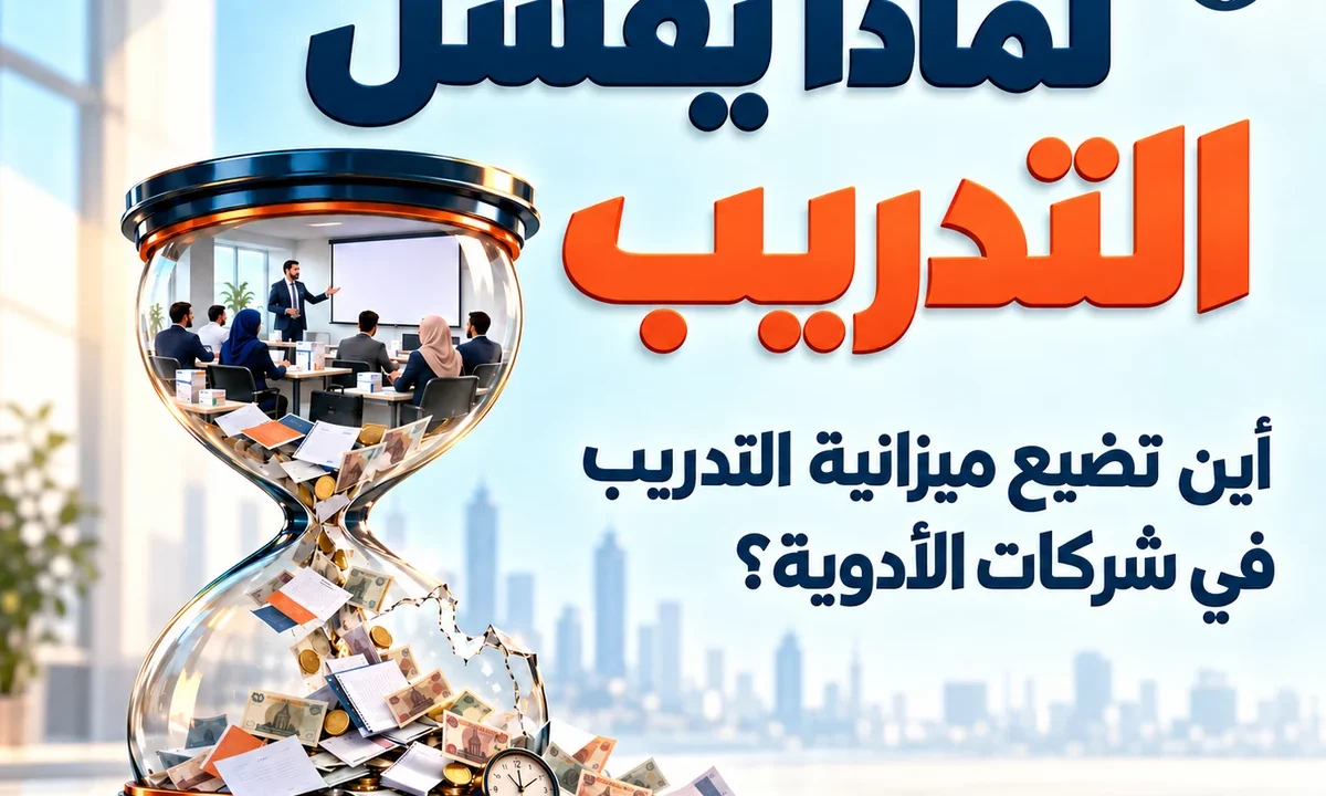 ساعة رملية مكسورة تتساقط منها الأموال لتمثيل إهدار ميزانية تدريب ميديكال ريب في شركات الأدوية بسبب فشل الكورسات التقليدية.